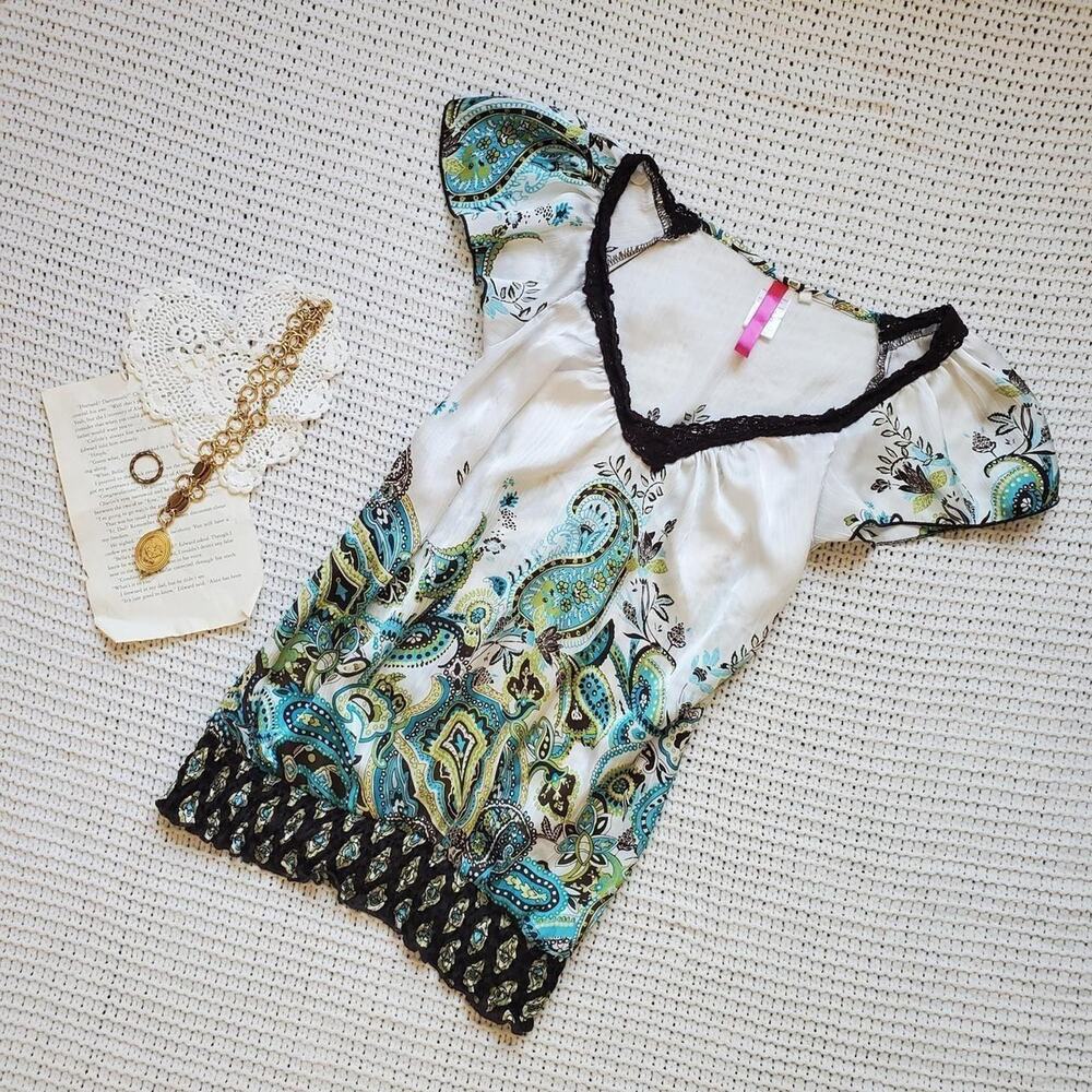 Y2k paisley design brown lace blouse with elastic waist